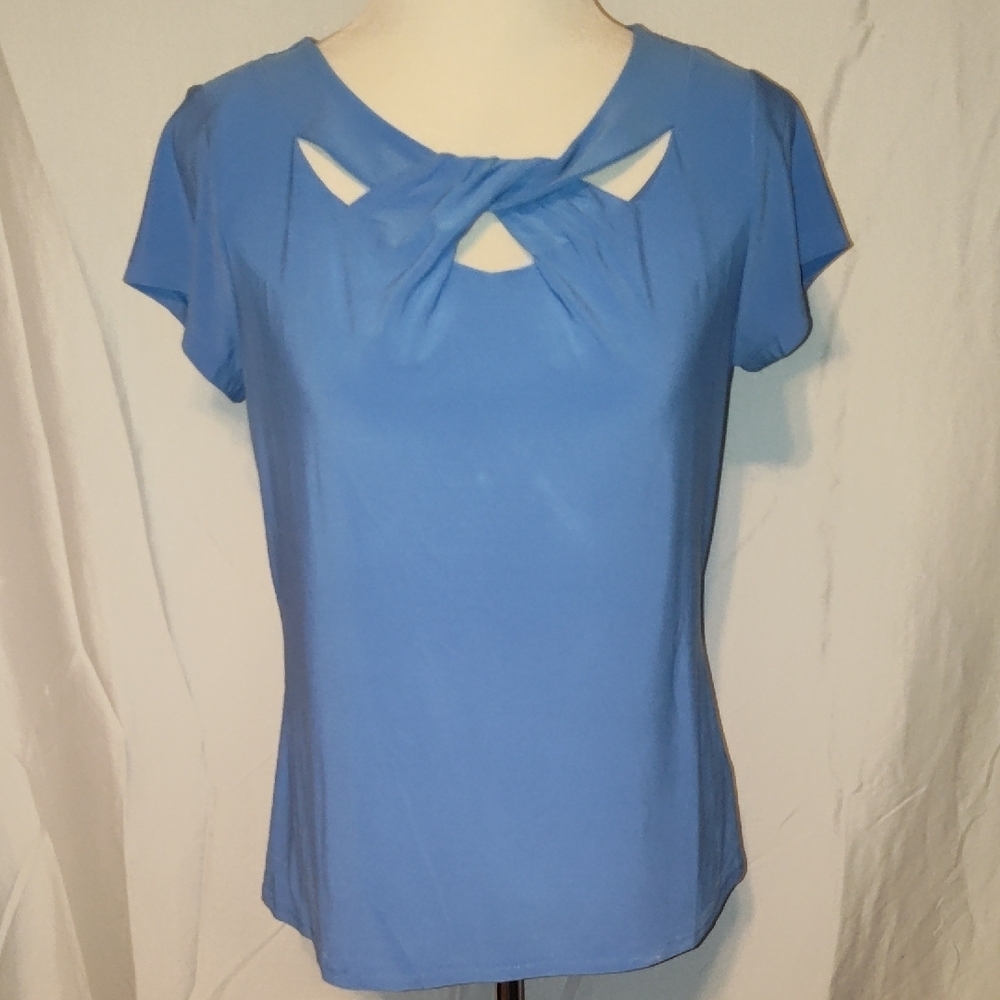 White House Black Market Blue Blouse with Knot Accent Twisted Neck Size Medium